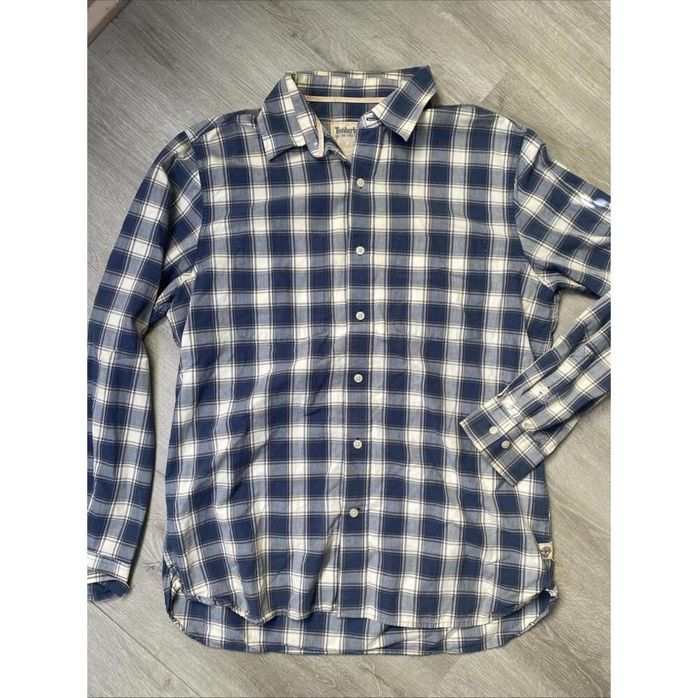 Timberland Men’s Button Down Long Sleeve Shirt Blue White Medium